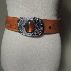 Vintage Western Tooled Leather Belt BARB Name Horse Ranch Scene 2” Wide Large Bu
